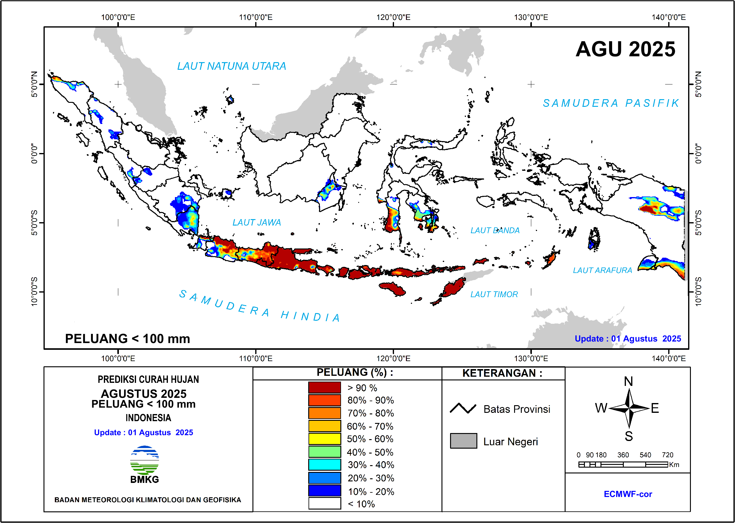 Peluang Curah Hujan di Bawah 100